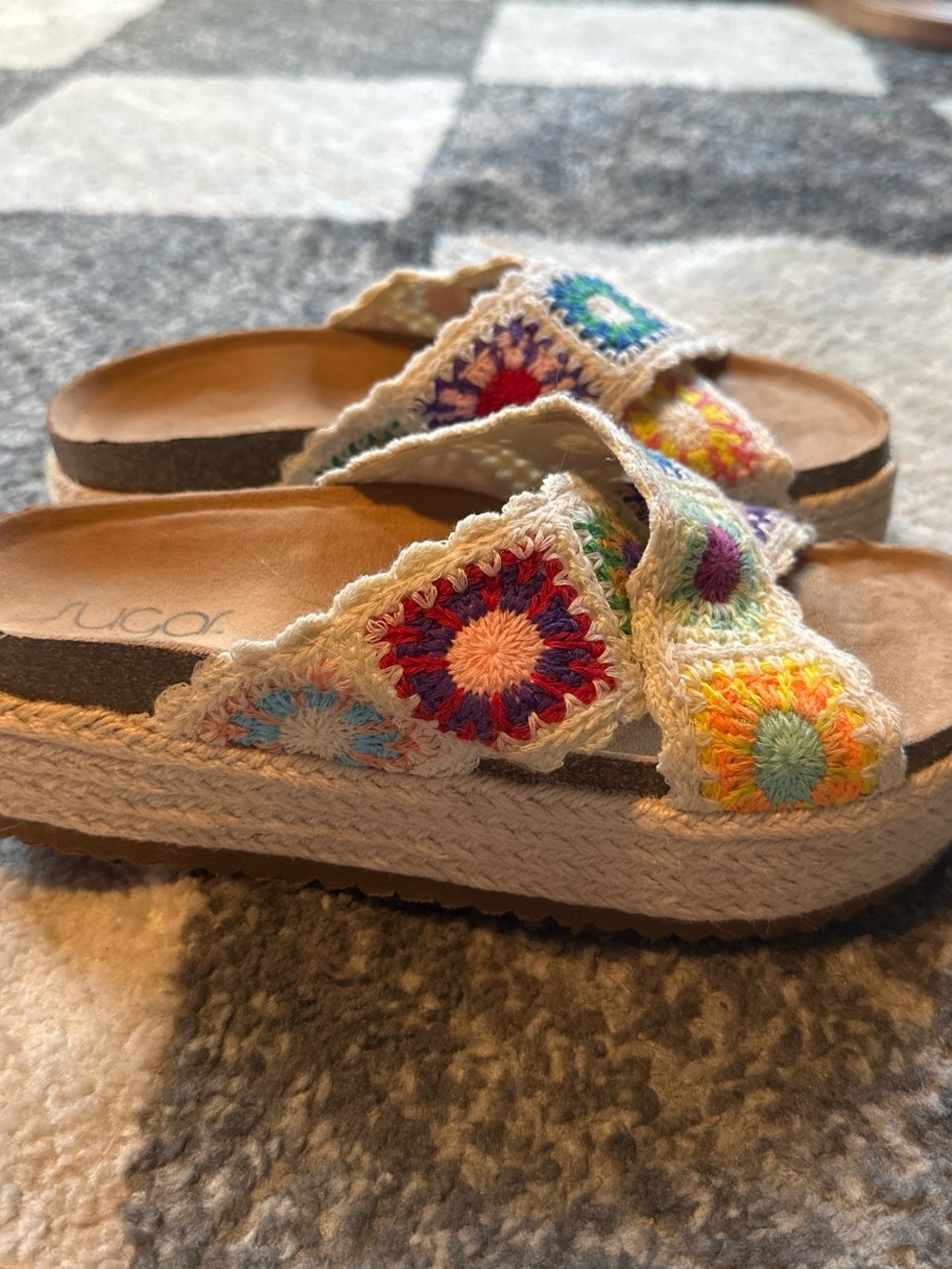Sugar Cream Crochet Platform Sandals with Multicolor Accents